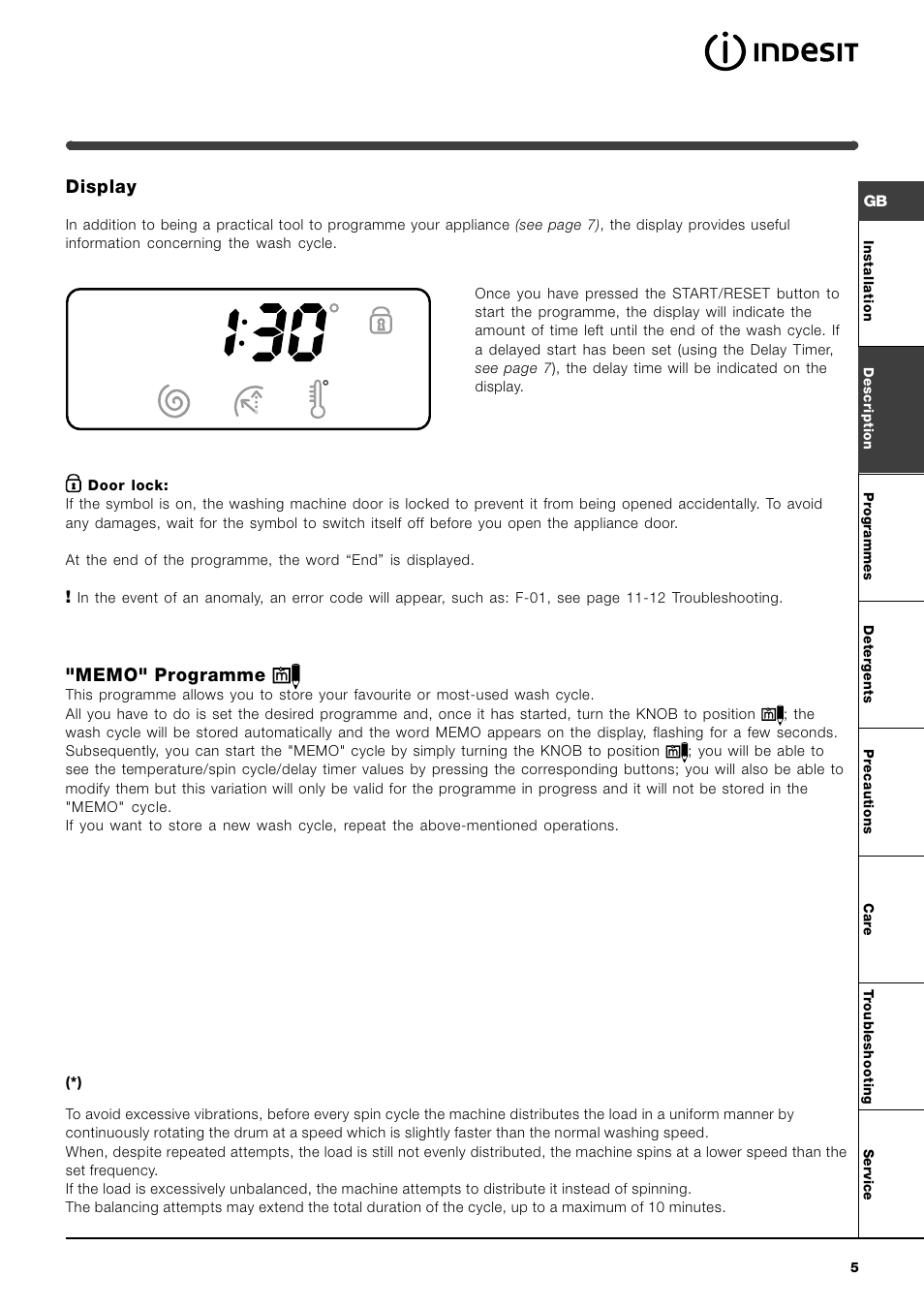 Display | Indesit WITE 87 User Manual | Page 5 / 72