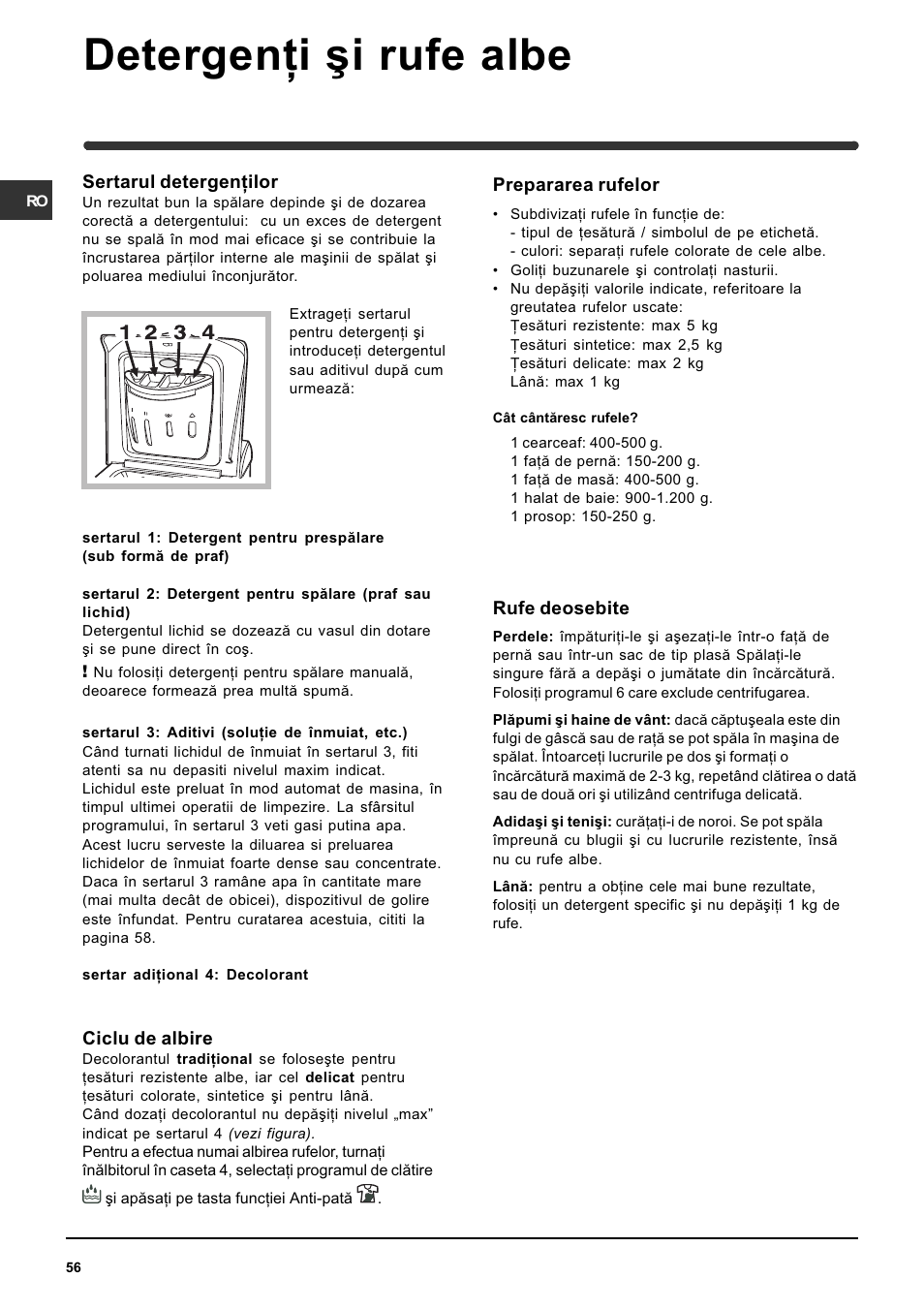 Detergenþi ºi rufe albe | Indesit WITE 87 User Manual | Page 56 / 72