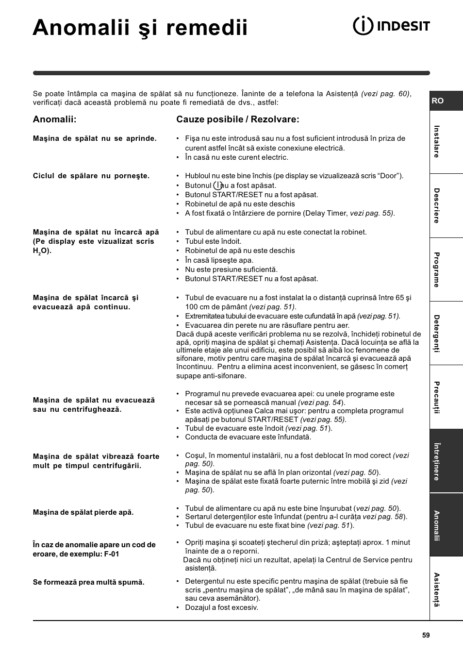 Anomalii ºi remedii, Anomalii, Cauze posibile / rezolvare | Indesit WITE 87 User Manual | Page 59 / 72