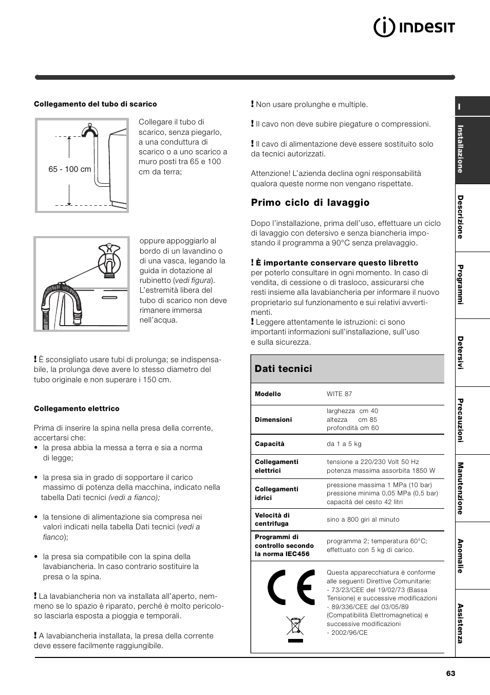 Primo ciclo di lavaggio, Dati tecnici | Indesit WITE 87 User Manual | Page 63 / 72