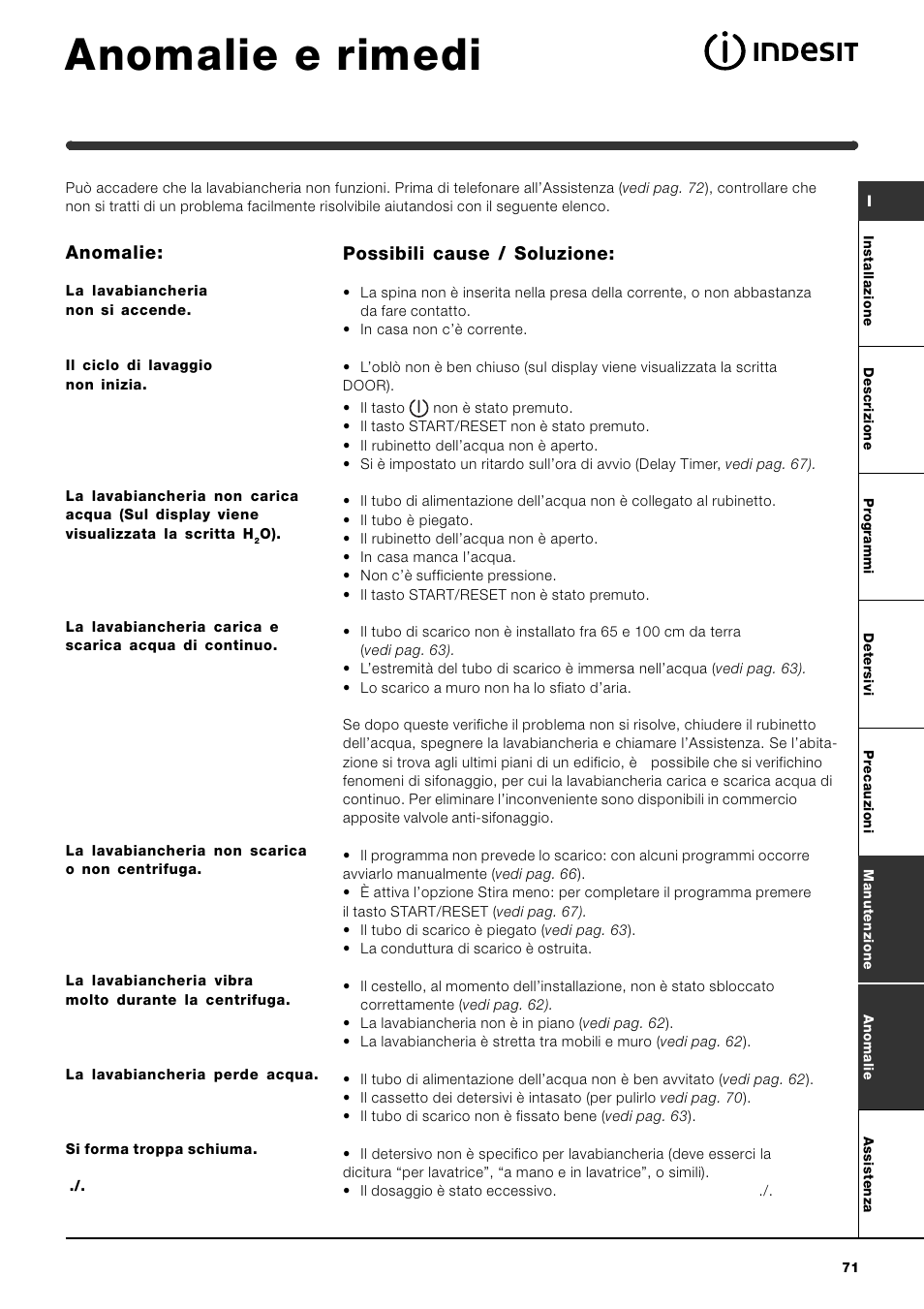 Anomalie e rimedi, Anomalie, Possibili cause / soluzione | Indesit WITE 87 User Manual | Page 71 / 72