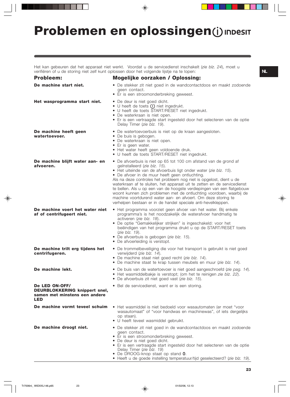 Problemen en oplossingen, Probleem, Mogelijke oorzaken / oplossing | Indesit WIDXXL 146 User Manual | Page 23 / 72