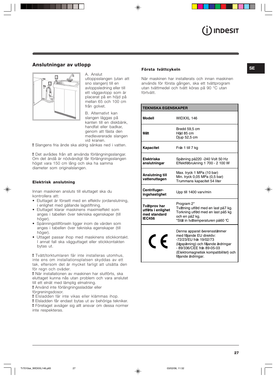 Anslutningar av utlopp | Indesit WIDXXL 146 User Manual | Page 27 / 72