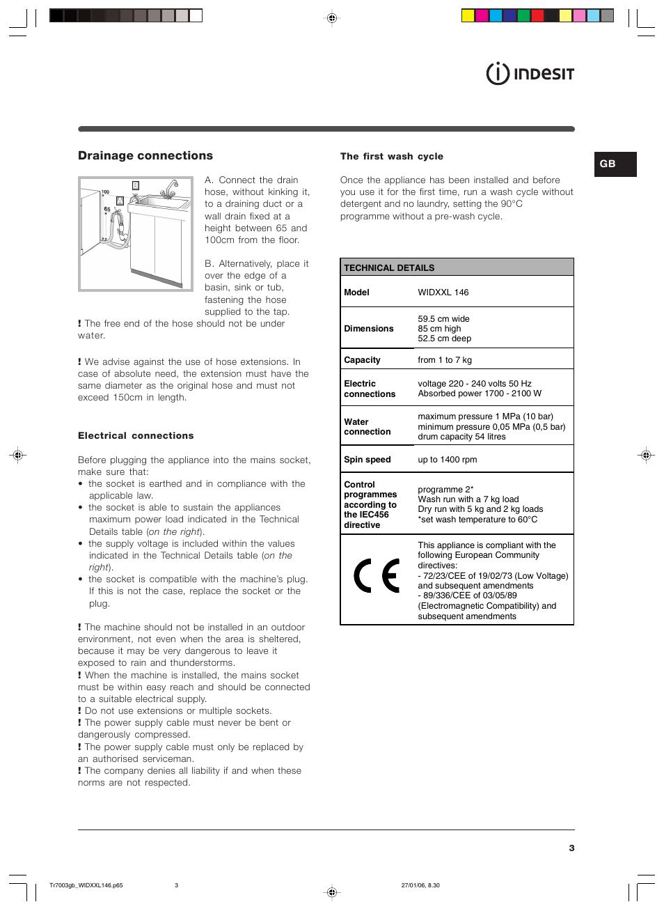 Drainage connections | Indesit WIDXXL 146 User Manual | Page 3 / 72