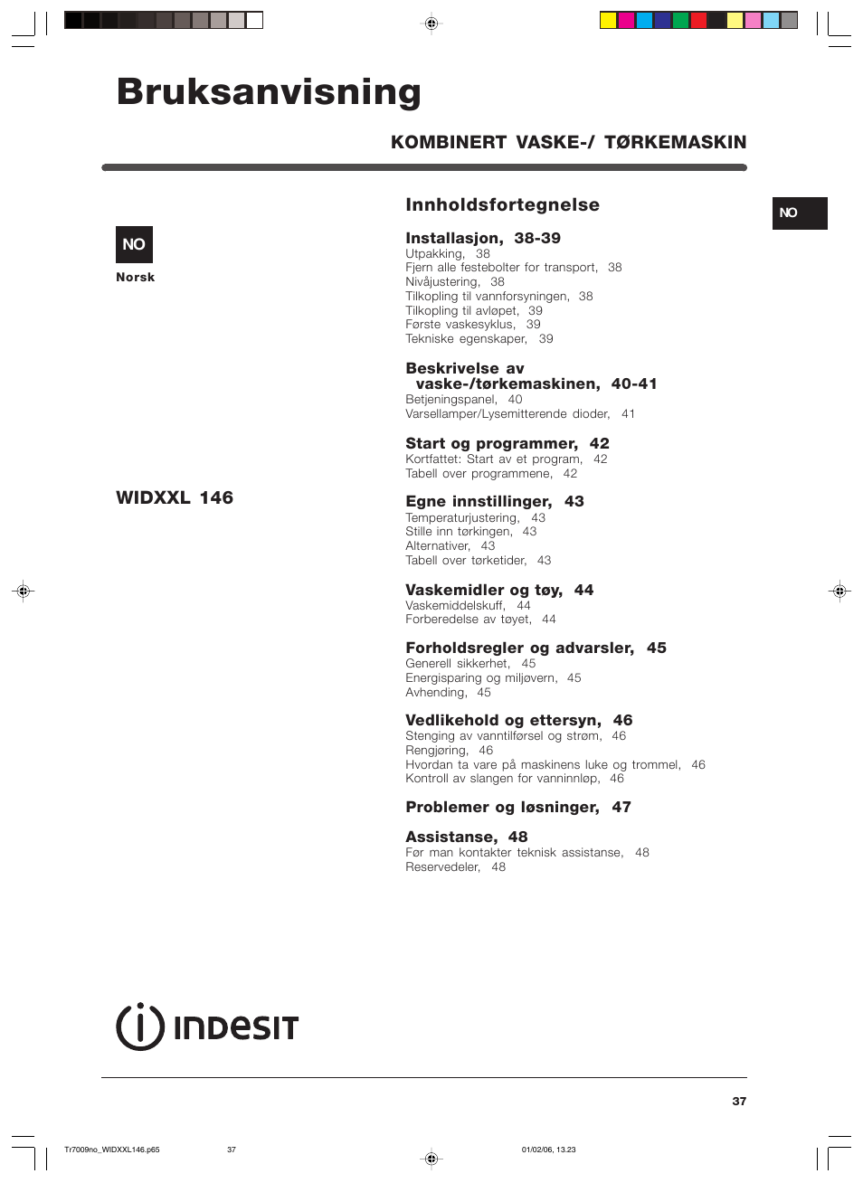 Bruksanvisning, Kombinert vaske-/ tørkemaskin widxxl 146, Innholdsfortegnelse | Indesit WIDXXL 146 User Manual | Page 37 / 72