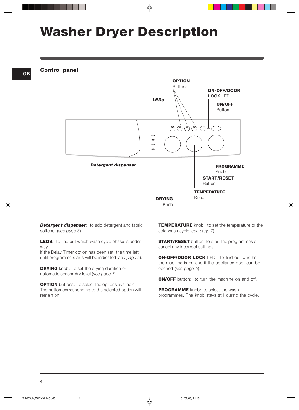 Washer dryer description | Indesit WIDXXL 146 User Manual | Page 4 / 72