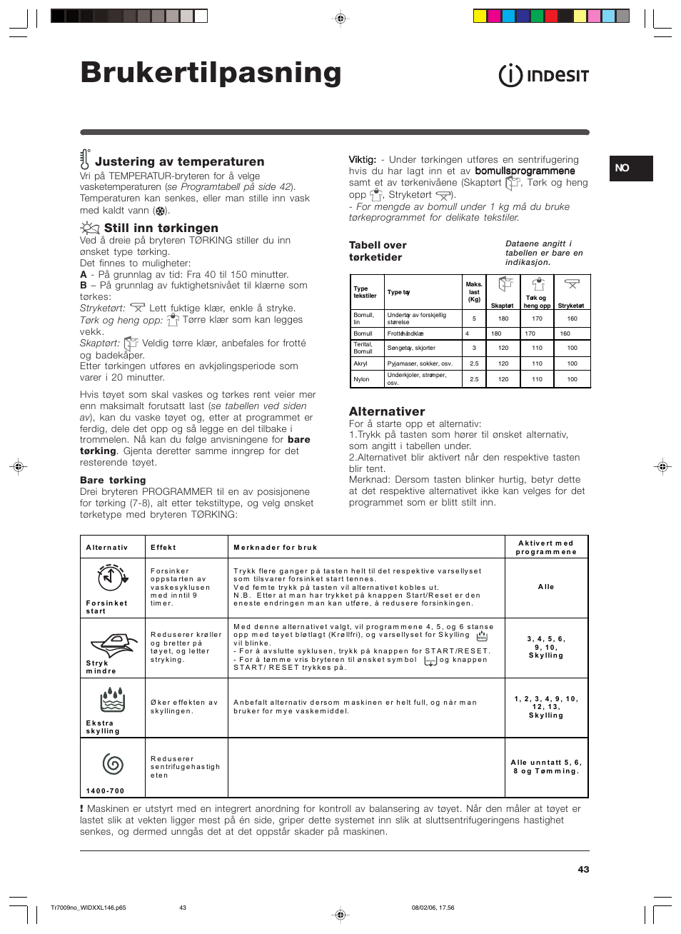 Brukertilpasning, Justering av temperaturen, Still inn tørkingen | Alternativer | Indesit WIDXXL 146 User Manual | Page 43 / 72