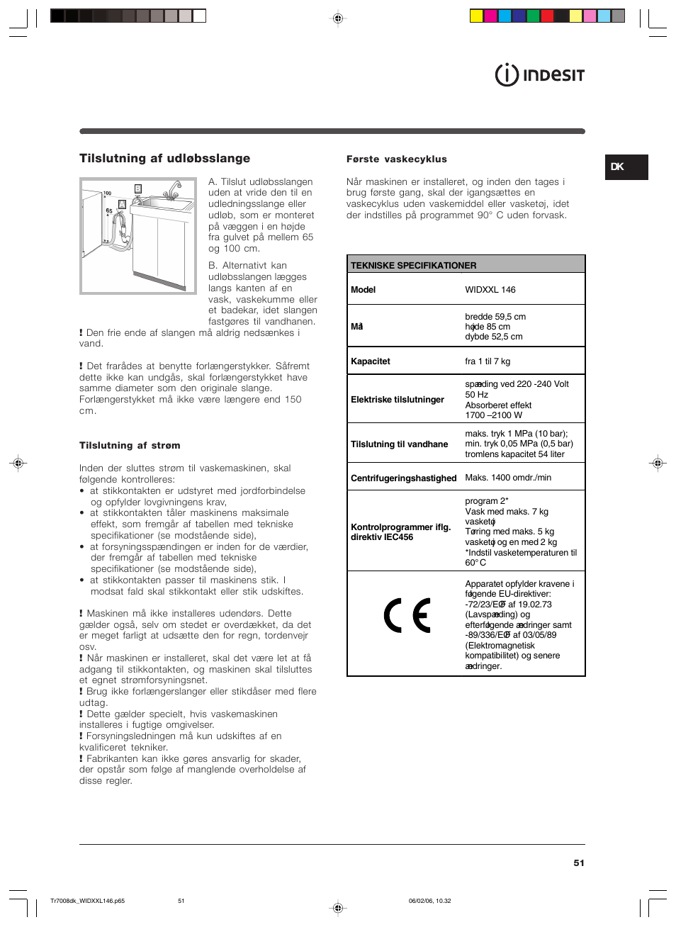 Tilslutning af udløbsslange | Indesit WIDXXL 146 User Manual | Page 51 / 72