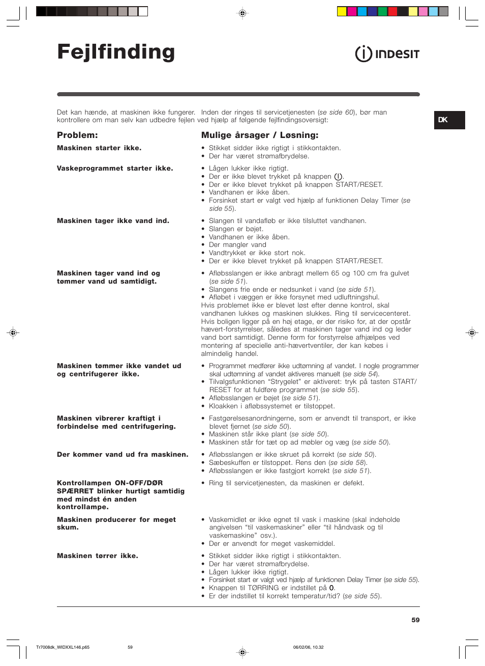 Fejlfinding, Problem, Mulige årsager / løsning | Indesit WIDXXL 146 User Manual | Page 59 / 72