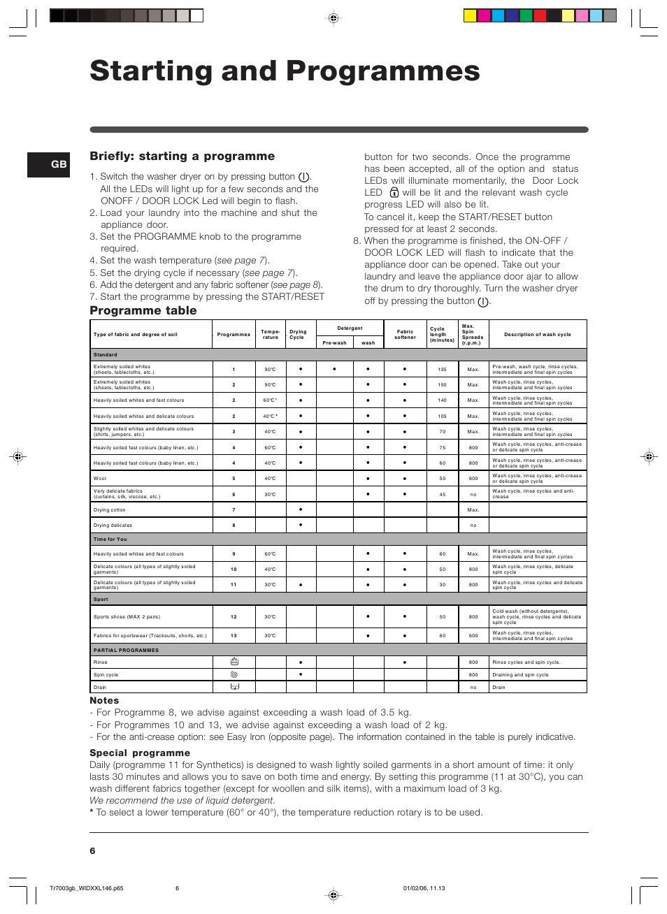 Starting and programmes, Briefly: starting a programme, Programme table | Indesit WIDXXL 146 User Manual | Page 6 / 72