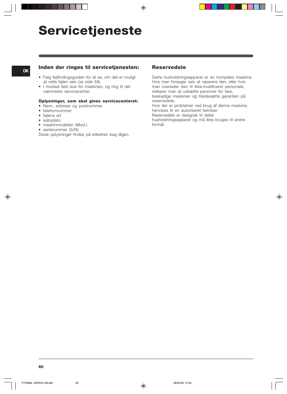 Servicetjeneste | Indesit WIDXXL 146 User Manual | Page 60 / 72