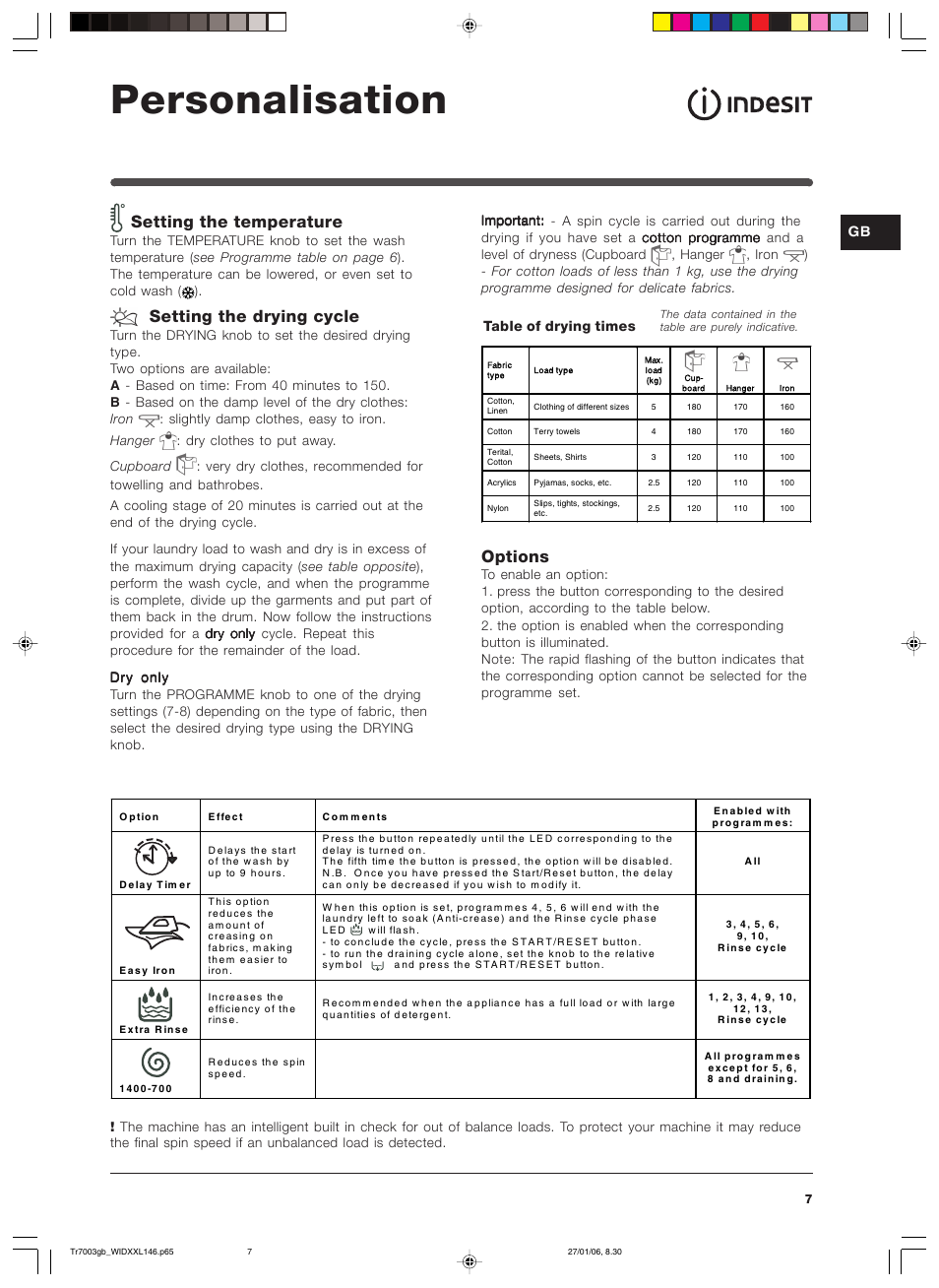 Personalisation, Setting the temperature, Setting the drying cycle | Options | Indesit WIDXXL 146 User Manual | Page 7 / 72