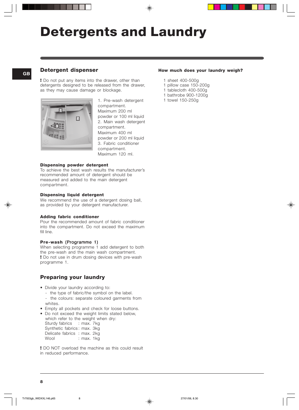Detergents and laundry, Detergent dispenser, Preparing your laundry | Indesit WIDXXL 146 User Manual | Page 8 / 72
