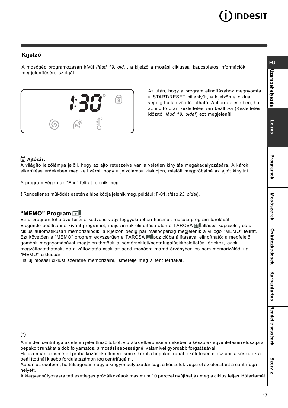 Kijelzõ | Indesit WITE 127 User Manual | Page 17 / 72