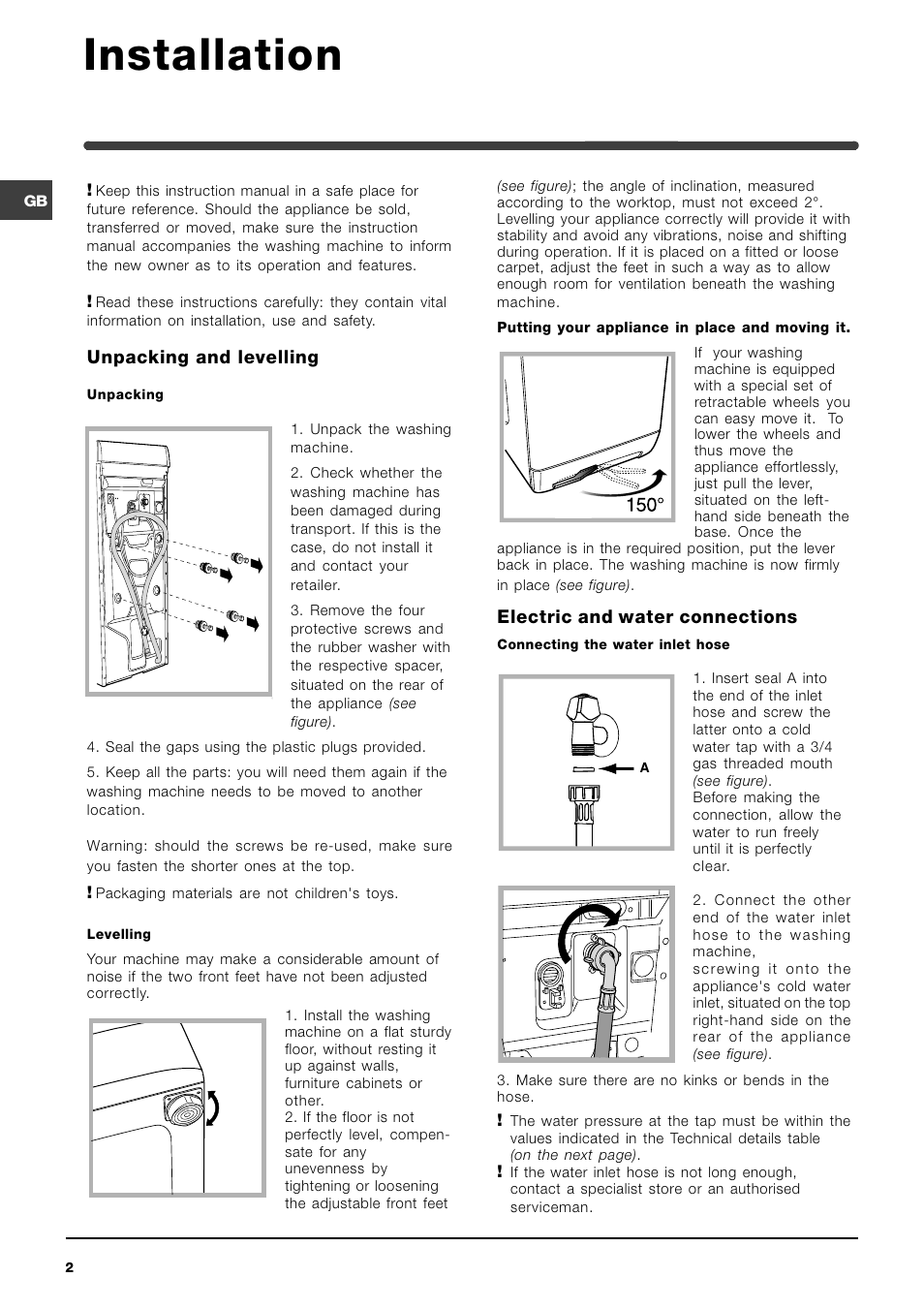 Installation, Unpacking and levelling, Electric and water connections | Indesit WITE 127 User Manual | Page 2 / 72