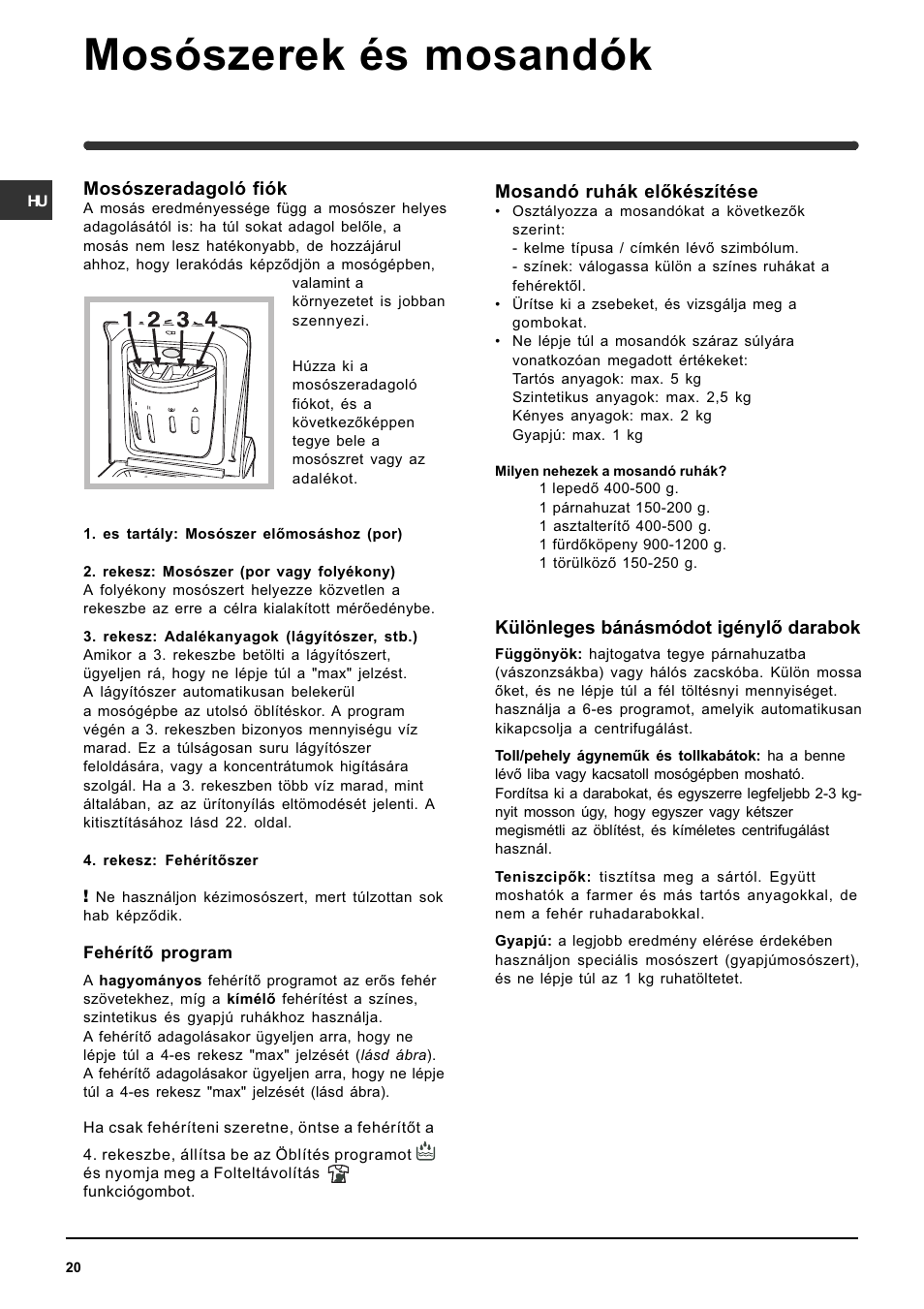 Mosószerek és mosandók | Indesit WITE 127 User Manual | Page 20 / 72