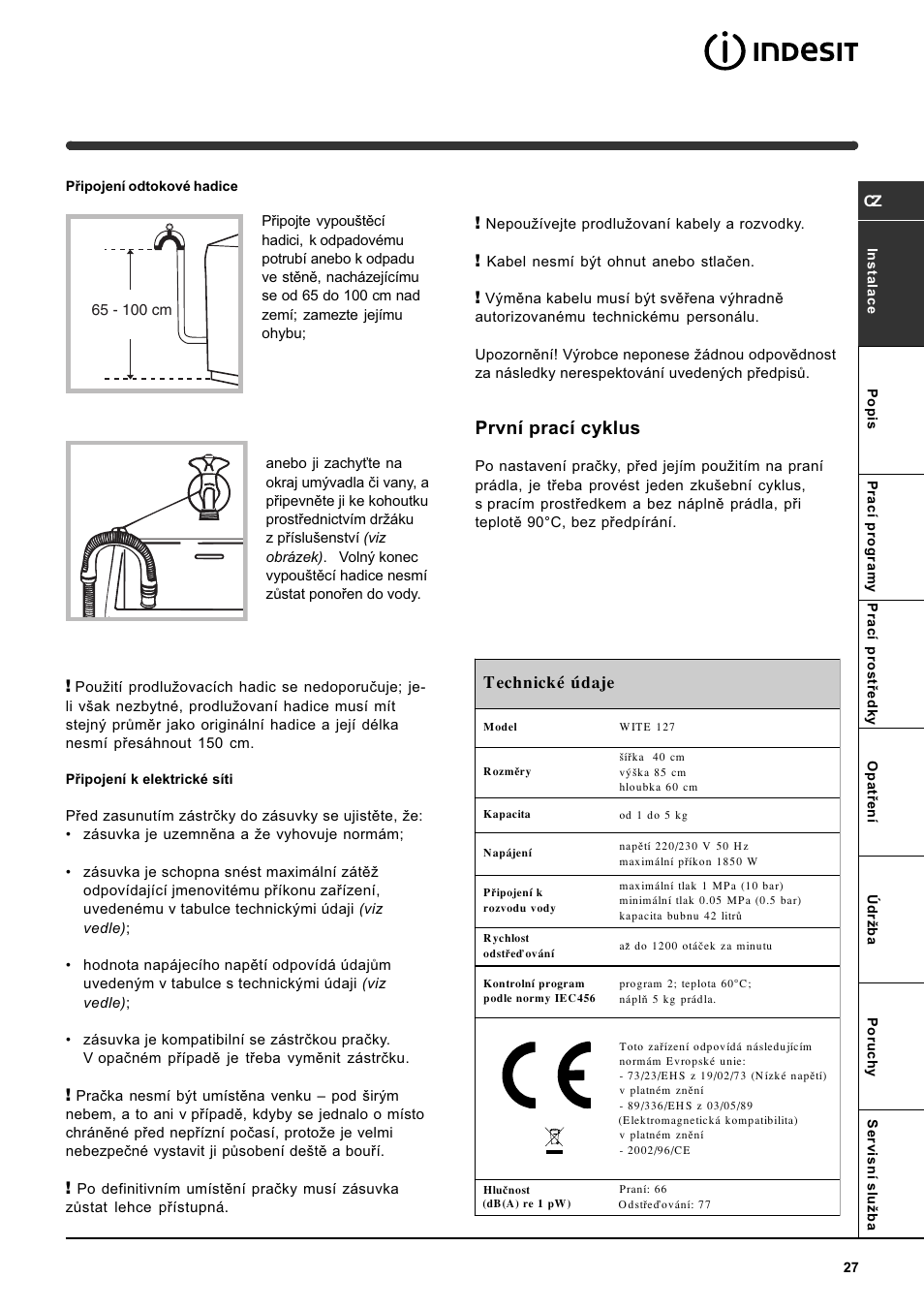 První prací cyklus | Indesit WITE 127 User Manual | Page 27 / 72