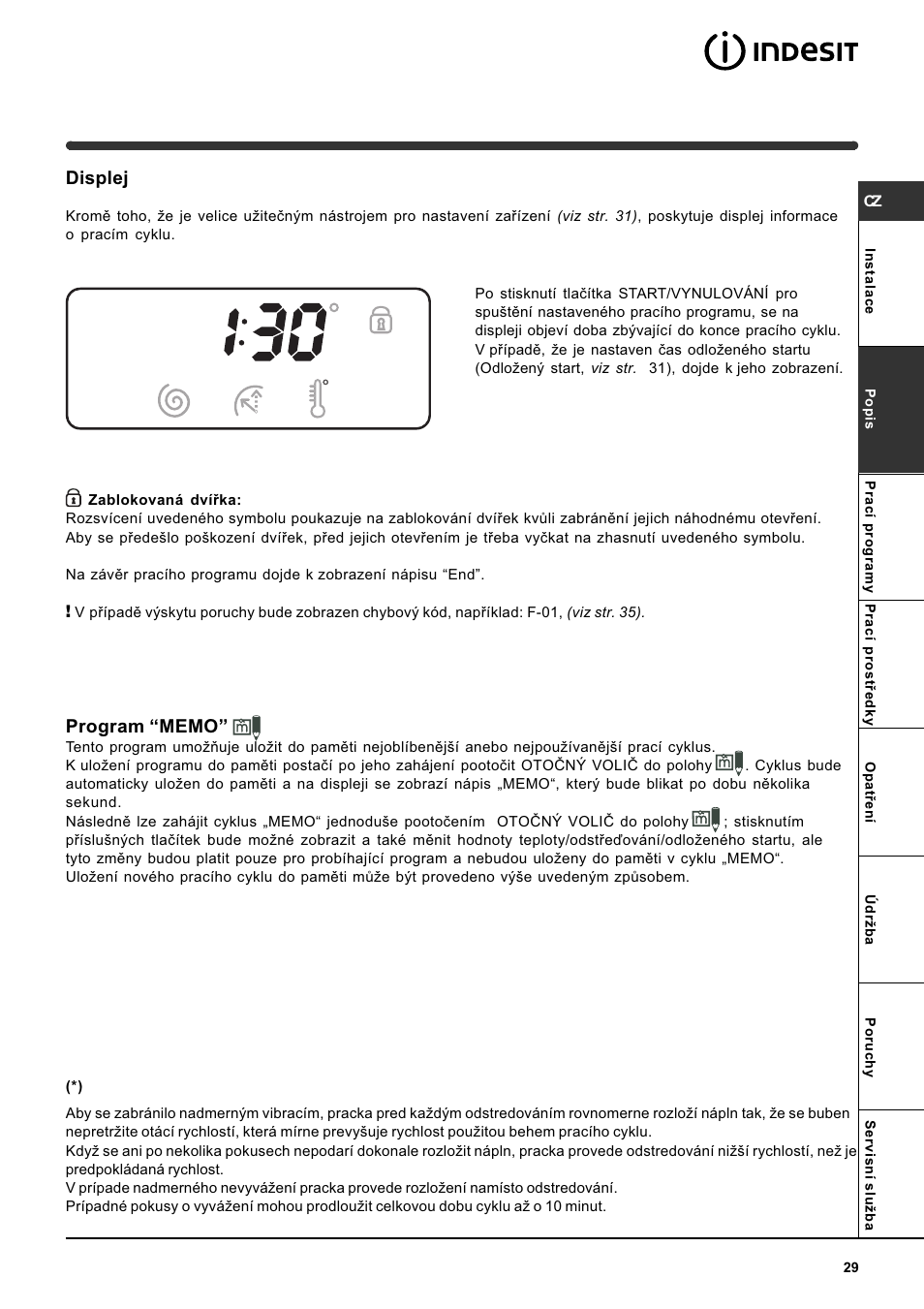 Displej | Indesit WITE 127 User Manual | Page 29 / 72