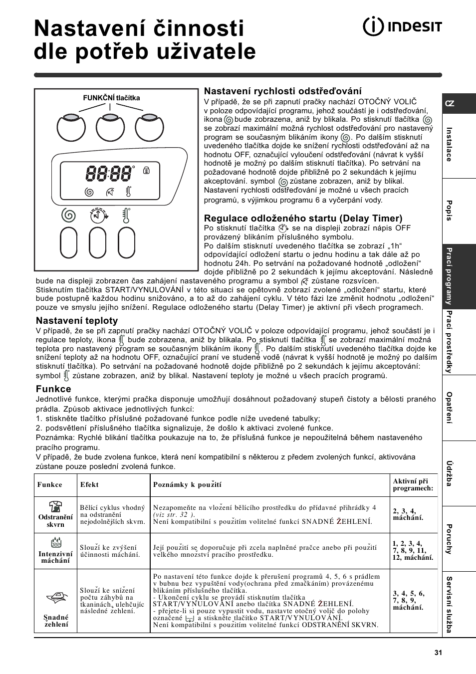 Nastavení èinnosti dle potøeb uivatele, Nastavení rychlosti odstøeïování, Regulace odloeného startu (delay timer) | Nastavení teploty, Funkce | Indesit WITE 127 User Manual | Page 31 / 72