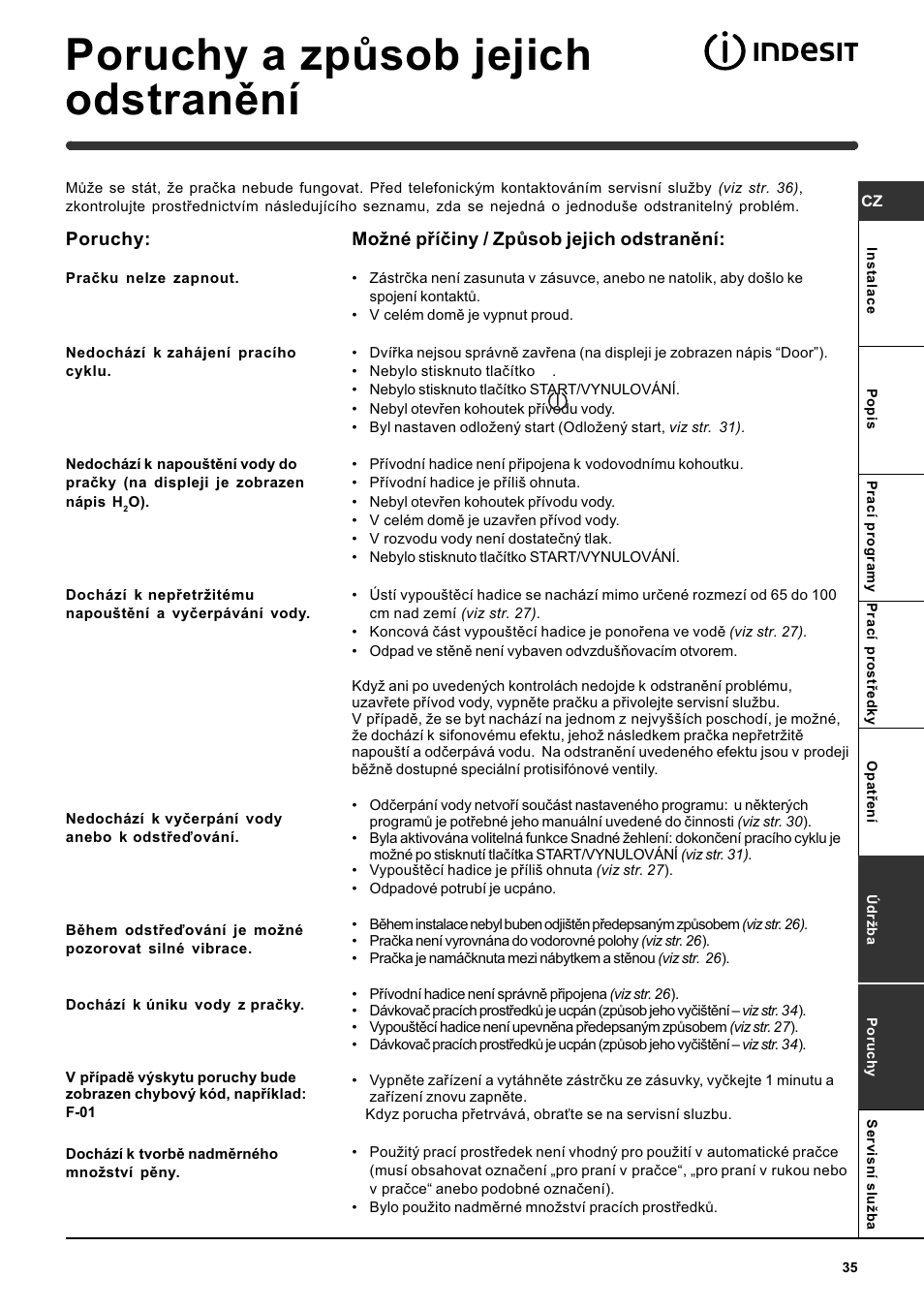 Poruchy a zpùsob jejich odstranìní, Poruchy, Moné pøíèiny / zpùsob jejich odstranìní | Indesit WITE 127 User Manual | Page 35 / 72