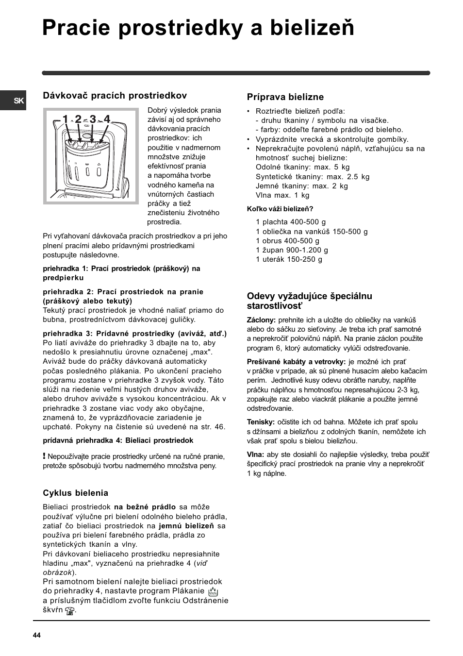 Pracie prostriedky a bielizeò | Indesit WITE 127 User Manual | Page 44 / 72