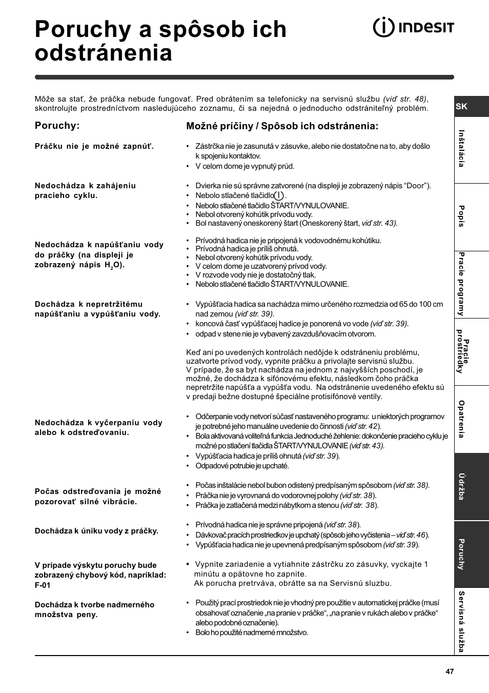 Poruchy a spôsob ich odstránenia | Indesit WITE 127 User Manual | Page 47 / 72