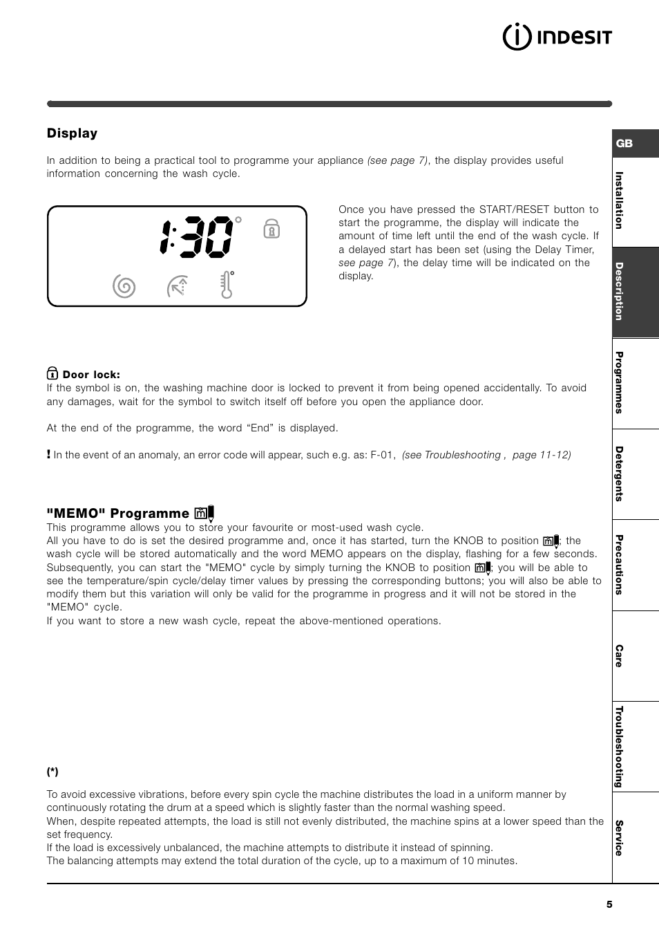 Display | Indesit WITE 127 User Manual | Page 5 / 72