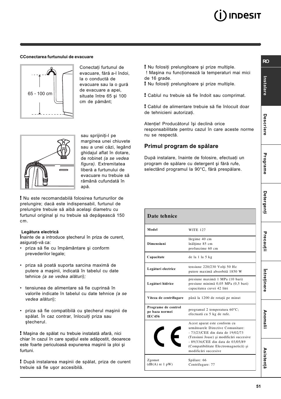 Primul program de spãlare | Indesit WITE 127 User Manual | Page 51 / 72