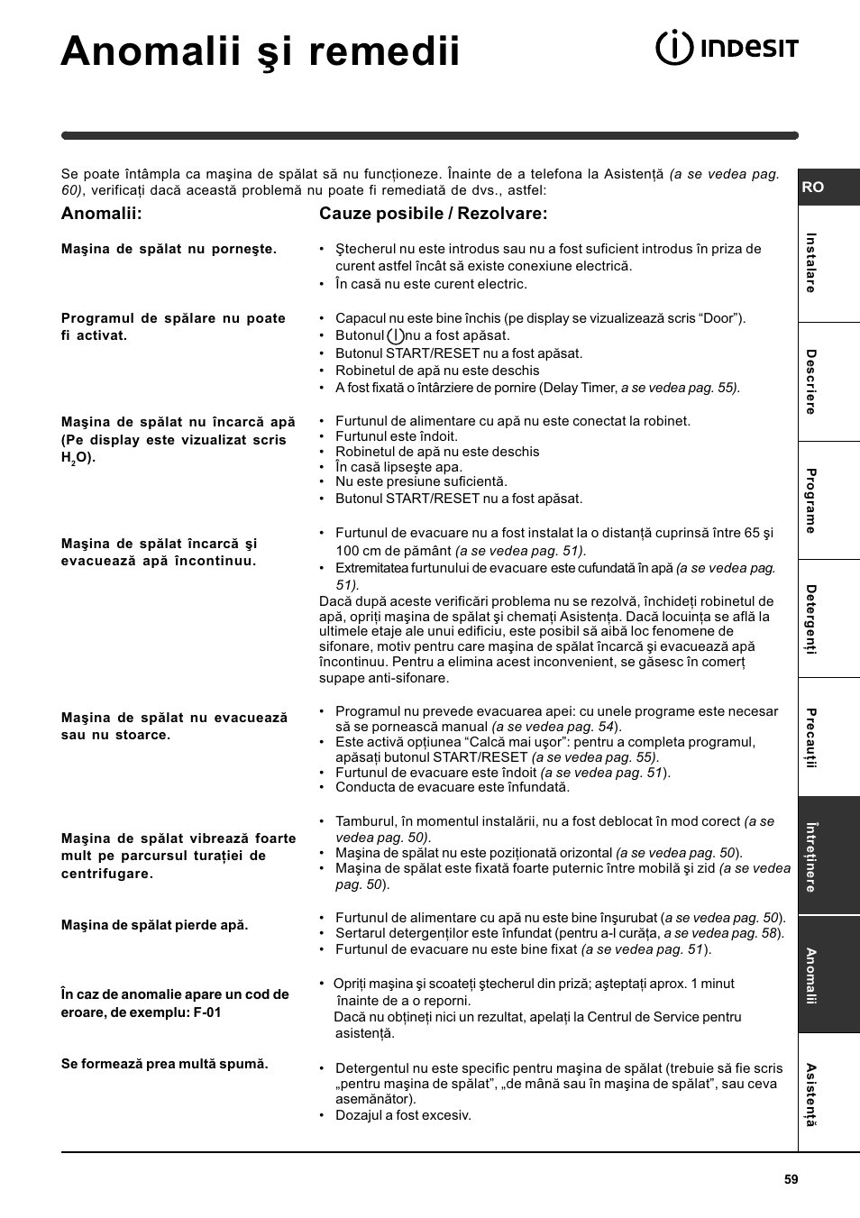 Anomalii ºi remedii, Anomalii, Cauze posibile / rezolvare | Indesit WITE 127 User Manual | Page 59 / 72