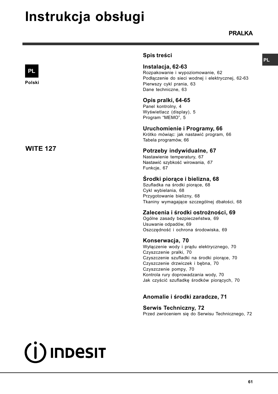 Instrukcja obs³ugi, Wite 127 | Indesit WITE 127 User Manual | Page 61 / 72