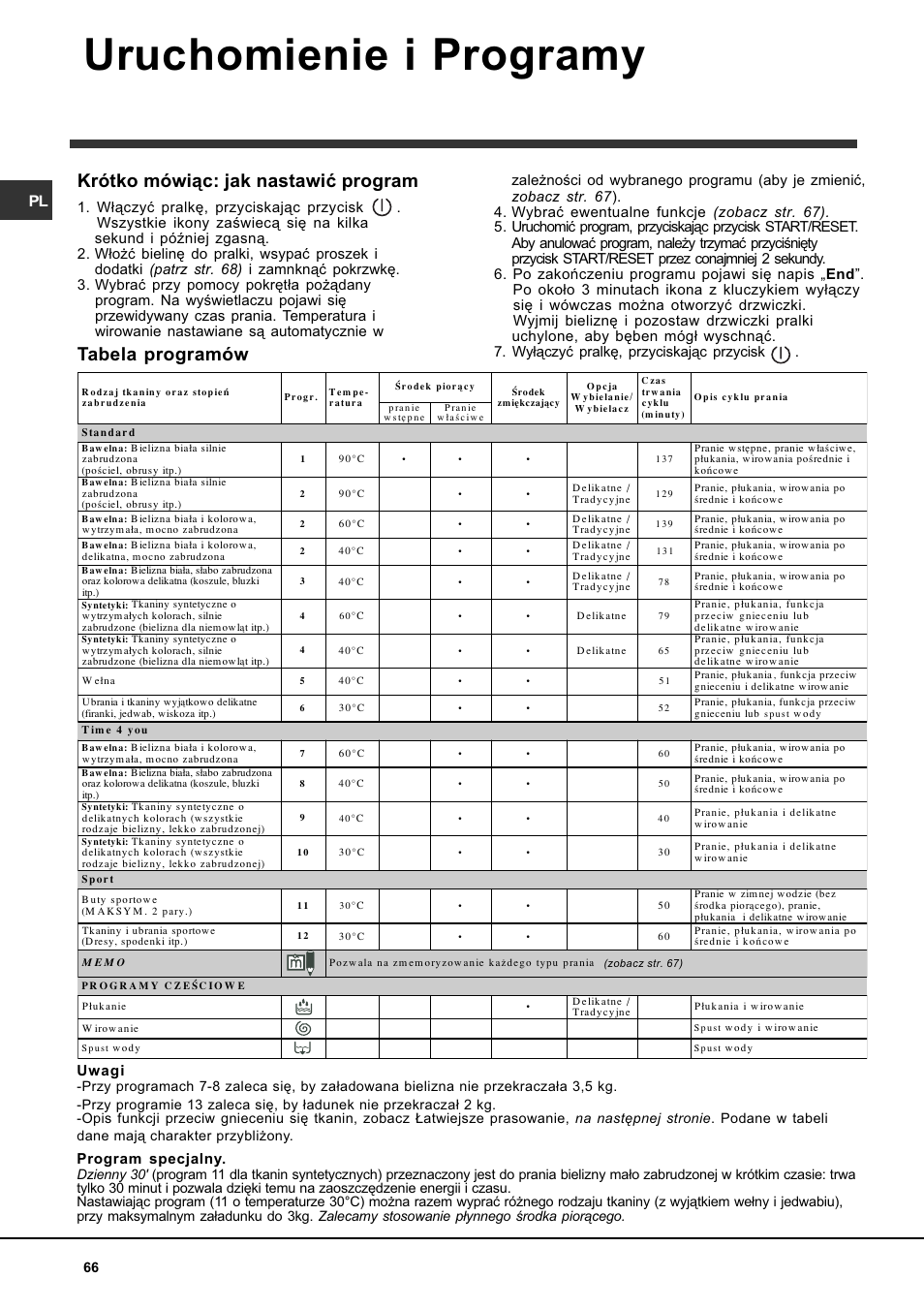 Uruchomienie i programy, Tabela programów, Krótko mówi¹c: jak nastawiæ program | Uwagi, Program specjalny | Indesit WITE 127 User Manual | Page 66 / 72