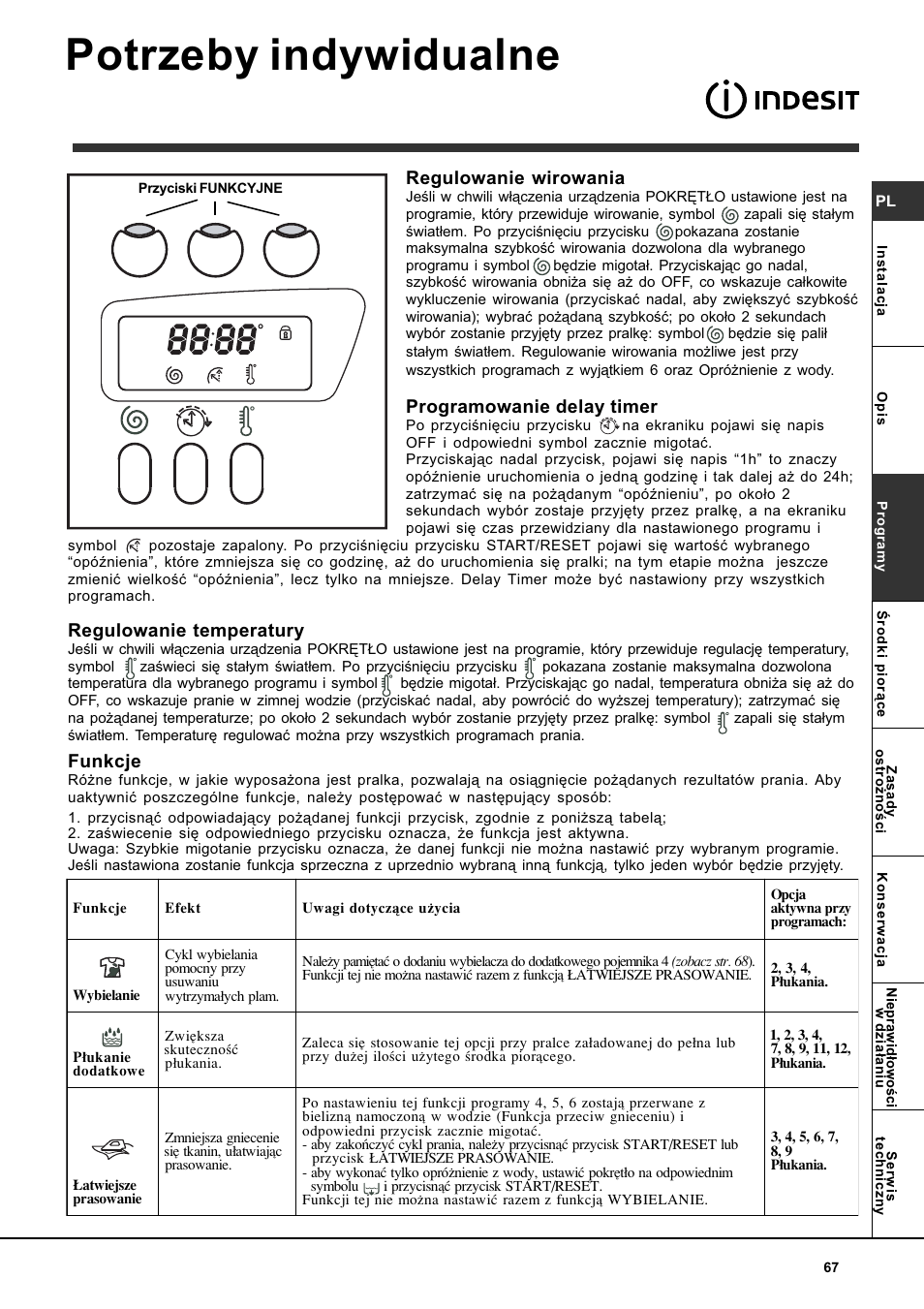 Potrzeby indywidualne, Regulowanie wirowania, Programowanie delay timer | Regulowanie temperatury, Funkcje | Indesit WITE 127 User Manual | Page 67 / 72