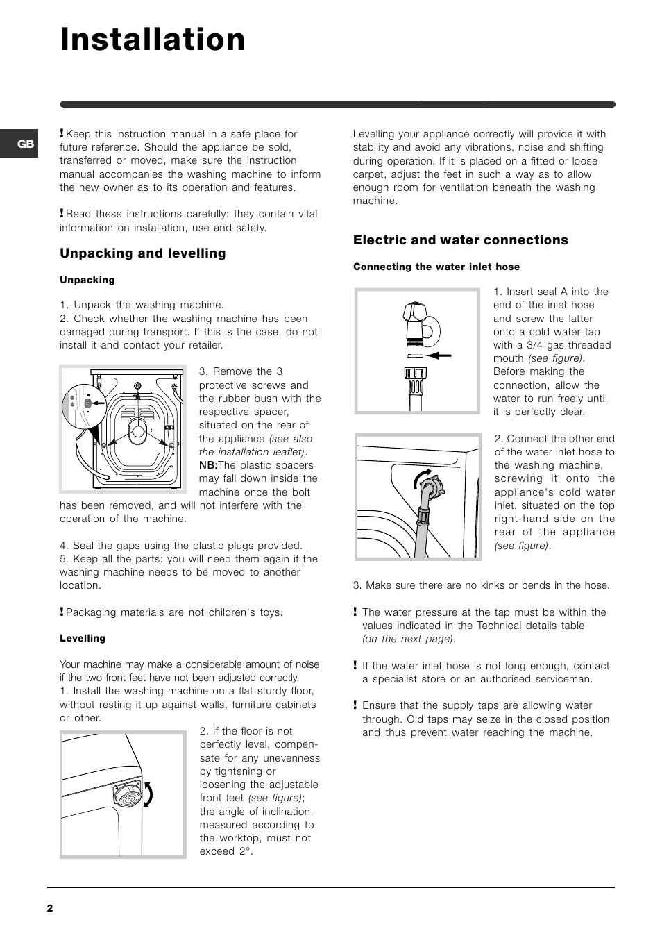Installation, Unpacking and levelling, Electric and water connections | Indesit WIXE 127 User Manual | Page 2 / 16