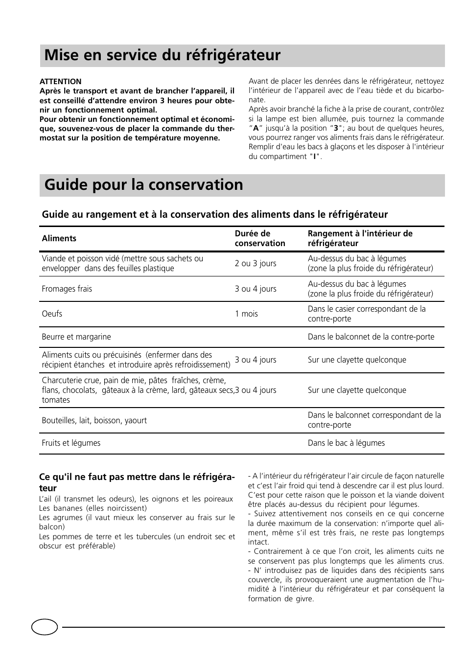 Mise en service du réfrigérateur, Guide pour la conservation | Indesit RG1142 User Manual | Page 18 / 48