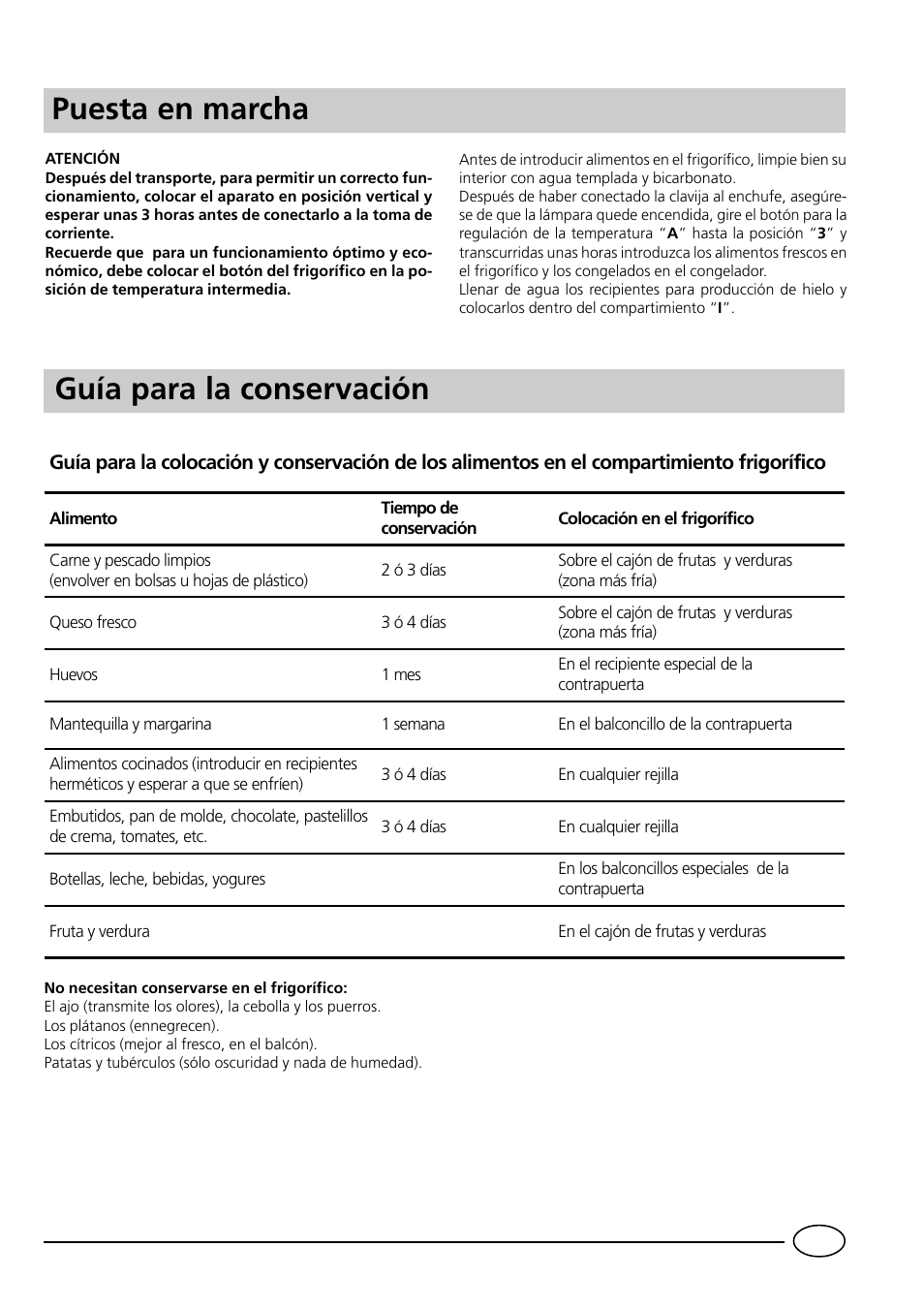 Puesta en marcha guía para la conservación | Indesit RG1142 User Manual | Page 31 / 48