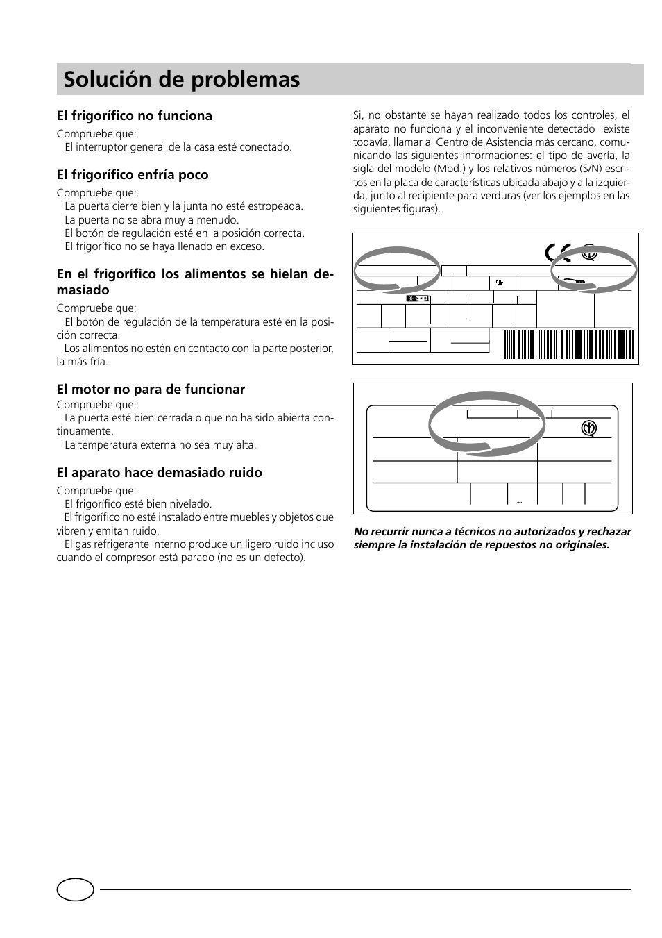 Solución de problemas, El frigorífico no funciona, El frigorífico enfría poco | El motor no para de funcionar, El aparato hace demasiado ruido | Indesit RG1142 User Manual | Page 34 / 48