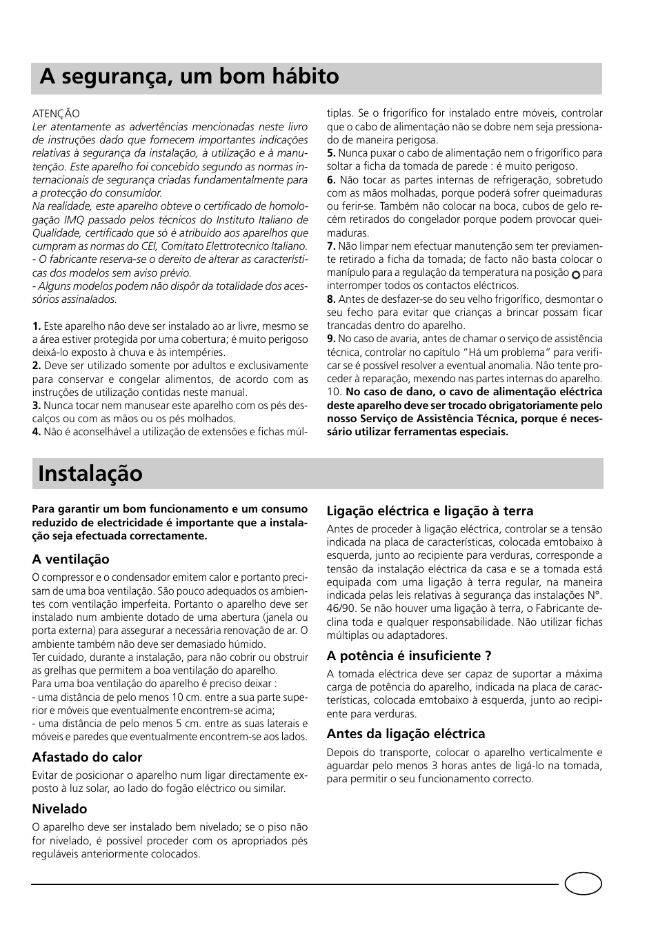 Pa segurança, um bom hábito, Instalação | Indesit RG1142 User Manual | Page 35 / 48
