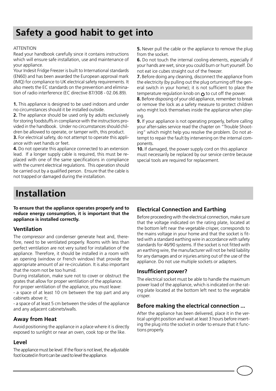 Installation safety a good habit to get into | Indesit RG1142 User Manual | Page 9 / 48