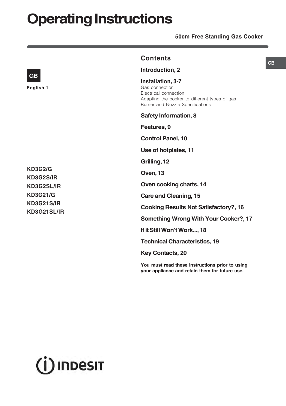 Indesit 50 CM FREE STANDING COOKER KD3G User Manual | 25 pages