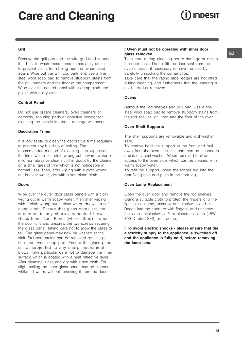 Care and cleaning | Indesit 50 CM FREE STANDING COOKER KD3G User Manual | Page 16 / 25