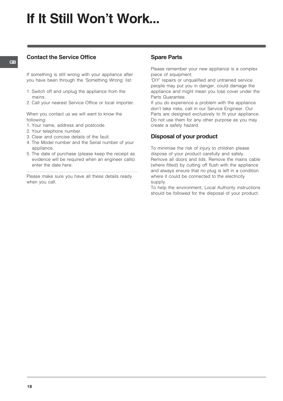 If it still wont work | Indesit 50 CM FREE STANDING COOKER KD3G User Manual | Page 19 / 25