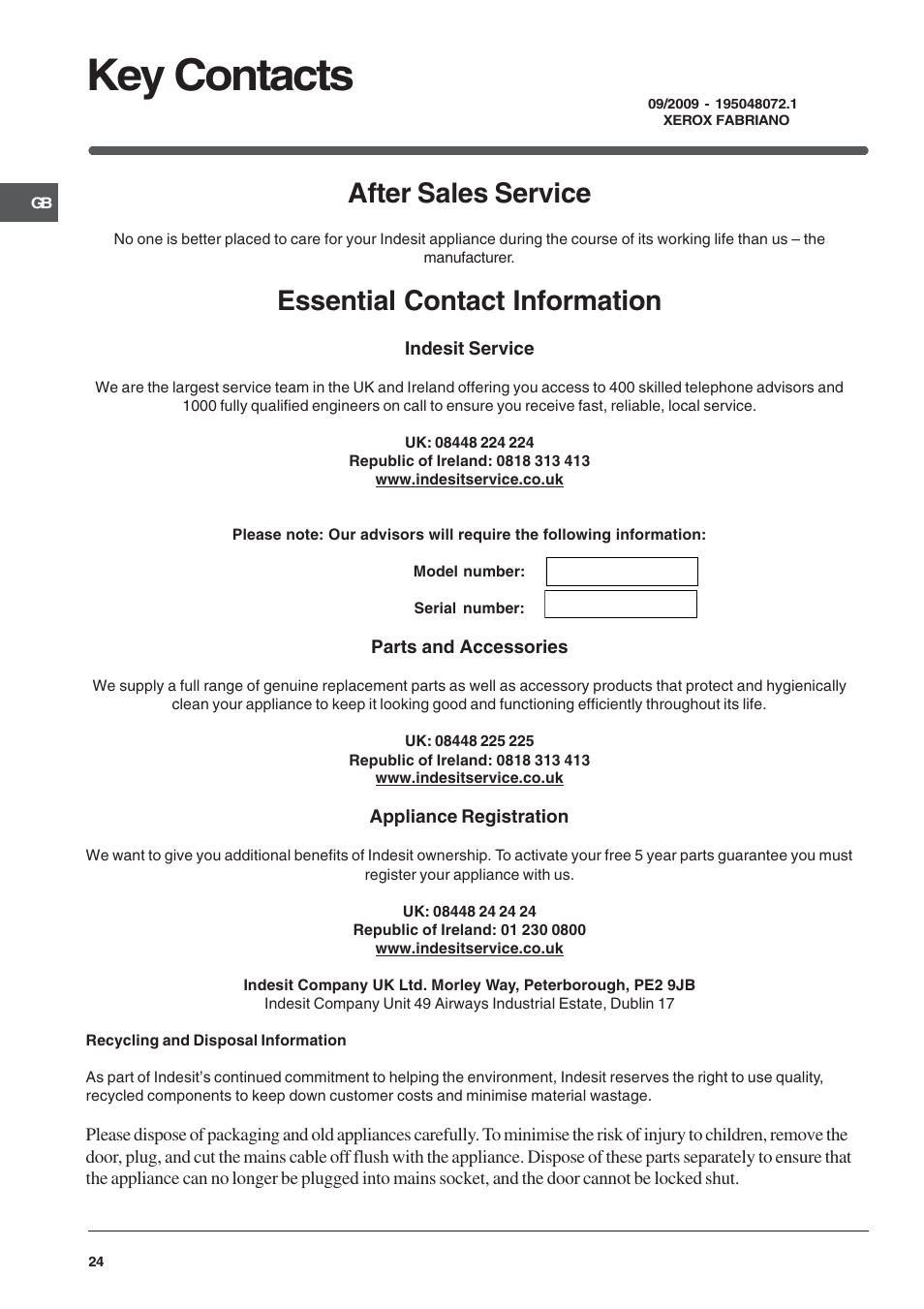 Key contacts, After sales service, Essential contact information | Indesit 50 CM FREE STANDING COOKER KD3G User Manual | Page 25 / 25