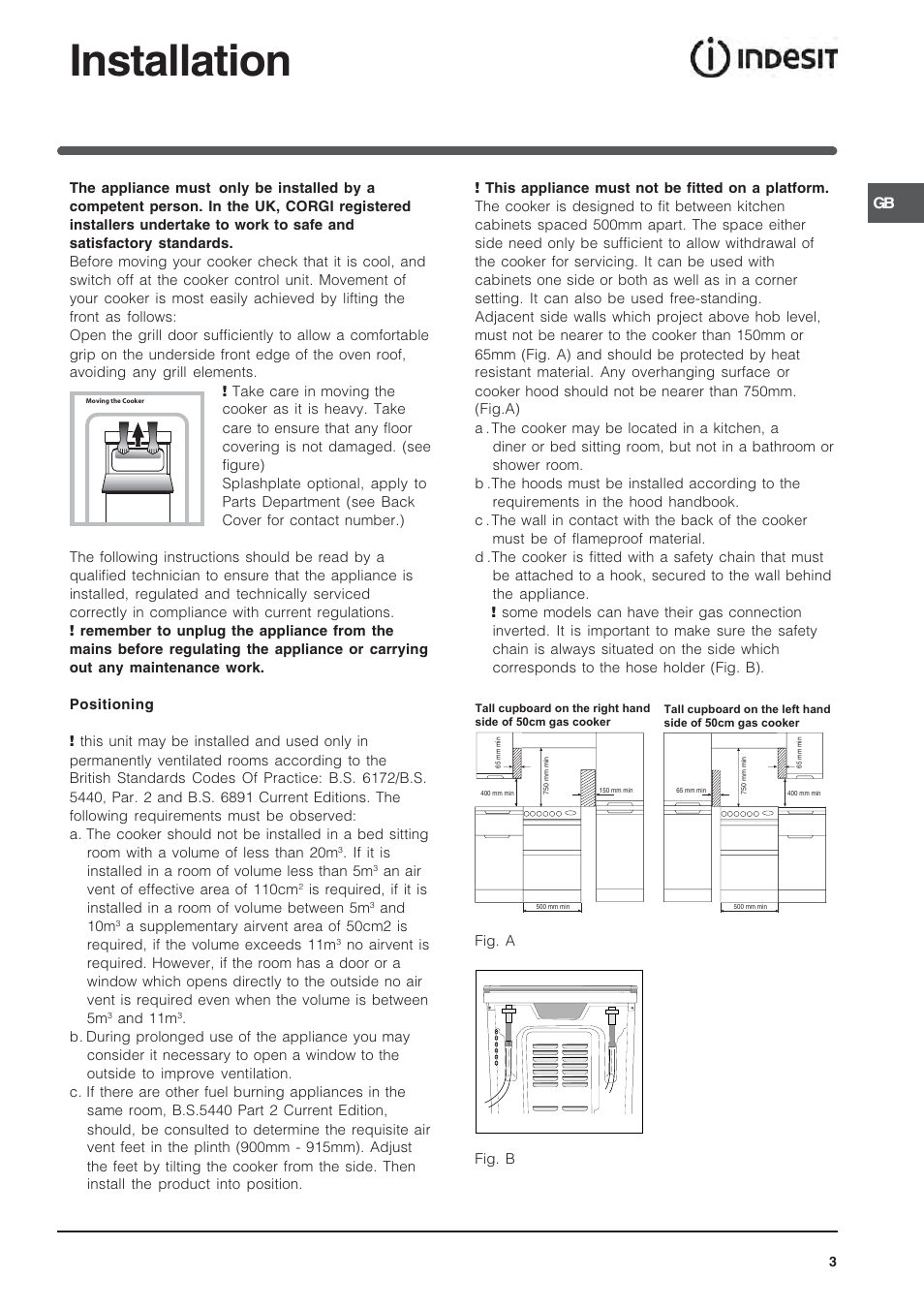 Installation | Indesit 50 CM FREE STANDING COOKER KD3G User Manual | Page 4 / 25