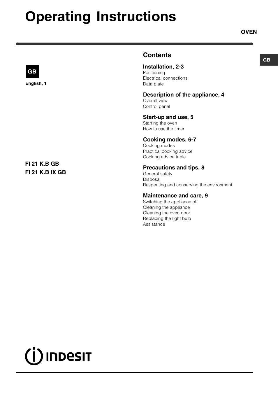 Indesit FI 21 K.B IX GB User Manual | 12 pages