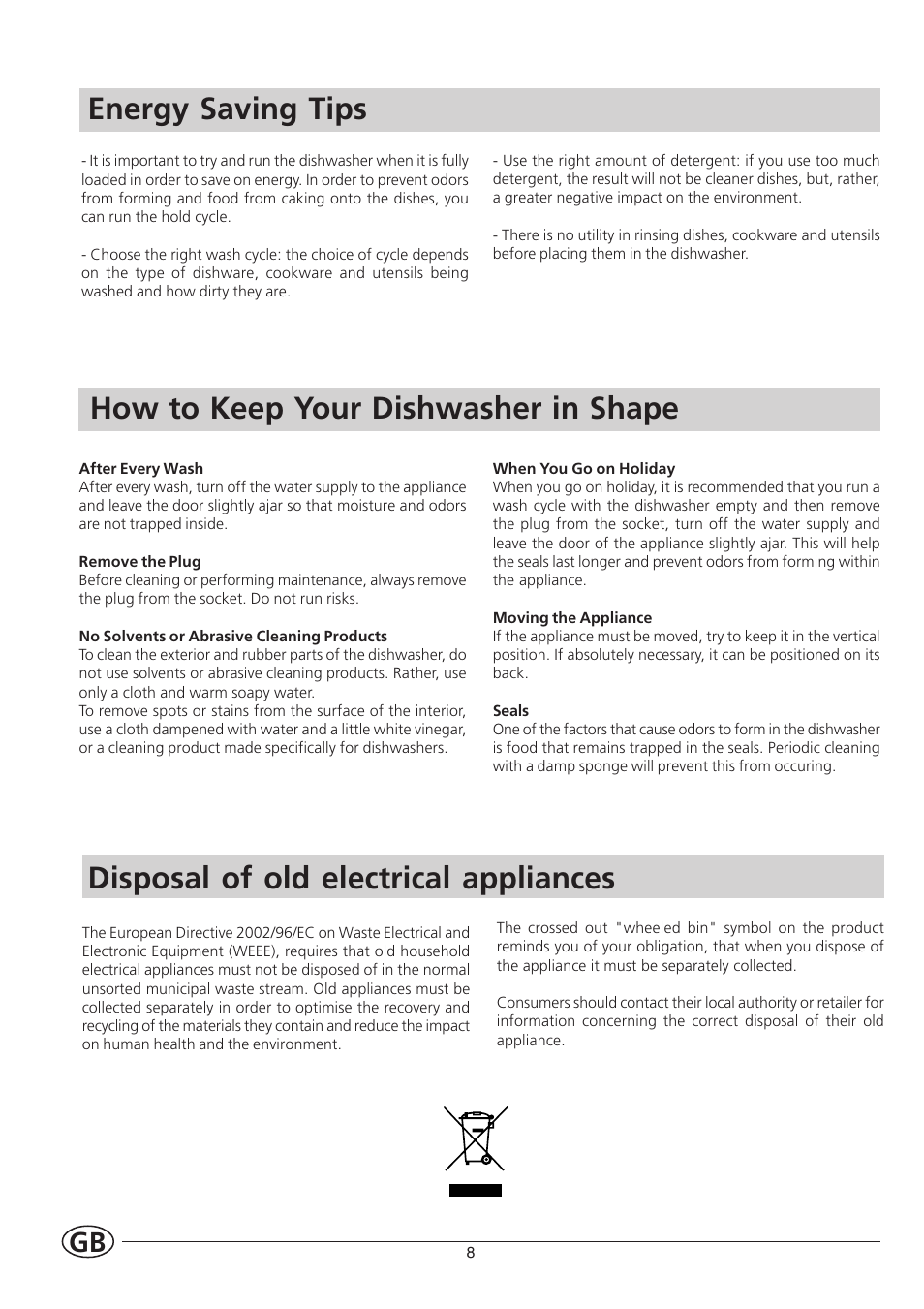 Energy saving tips, How to keep your dishwasher in shape, Disposal of old electrical appliances | Indesit IDL550 User Manual | Page 10 / 16