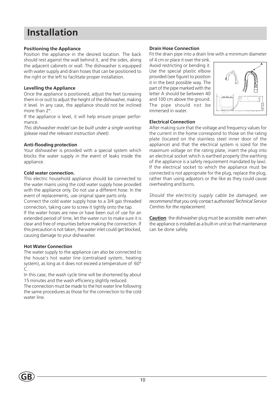 Installation | Indesit IDL550 User Manual | Page 12 / 16