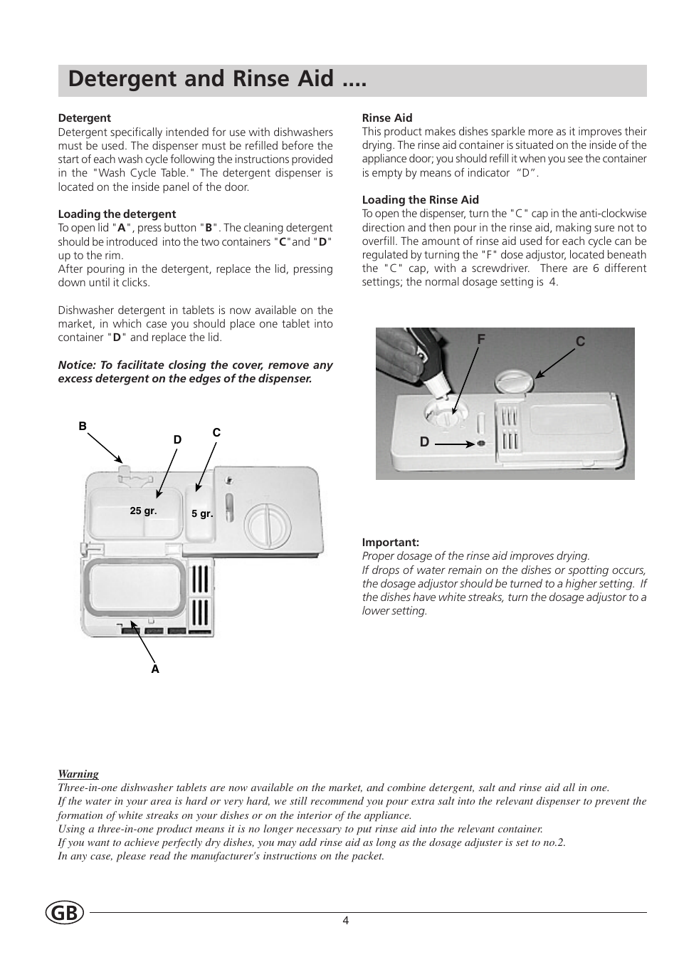 Detergent and rinse aid | Indesit IDL550 User Manual | Page 6 / 16
