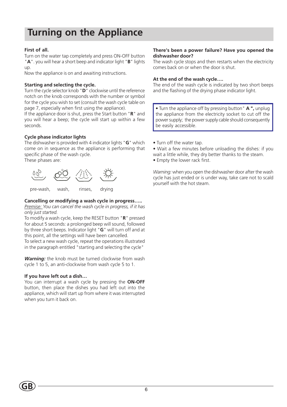 Turning on the appliance | Indesit IDL550 User Manual | Page 8 / 16