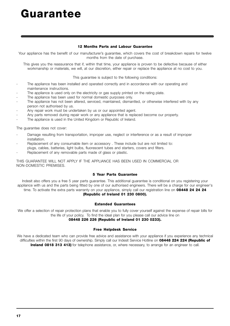 Guarantee | Indesit IWME126 User Manual | Page 17 / 20