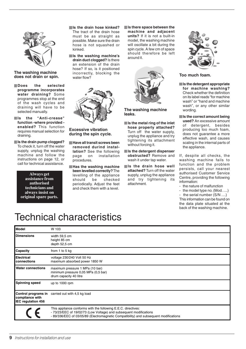 Technical characteristics | Indesit W 103 User Manual | Page 10 / 16